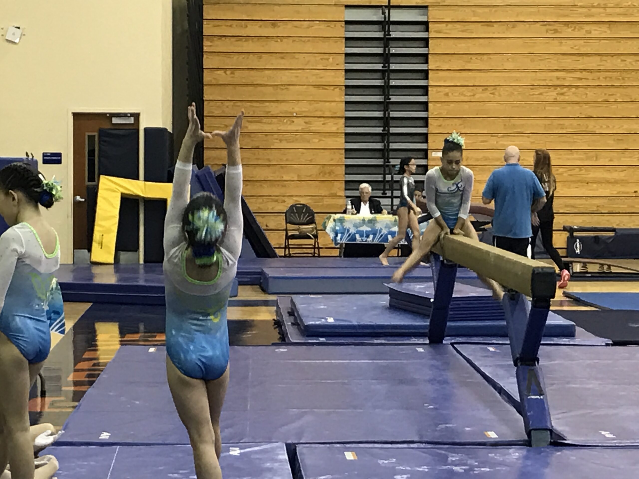 Gymnasts preparing for the Florida gymnastics state meet.